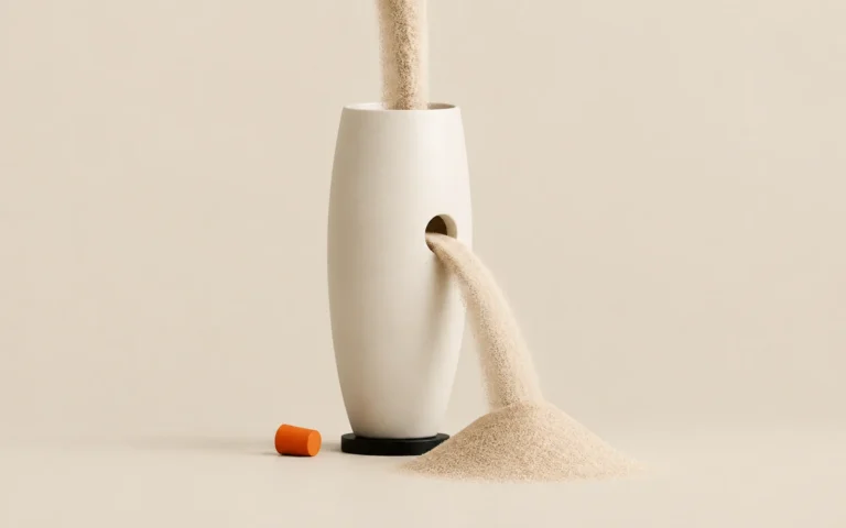 Sand pouring into a white vessel and leaking out of a hole in its side onto the floor