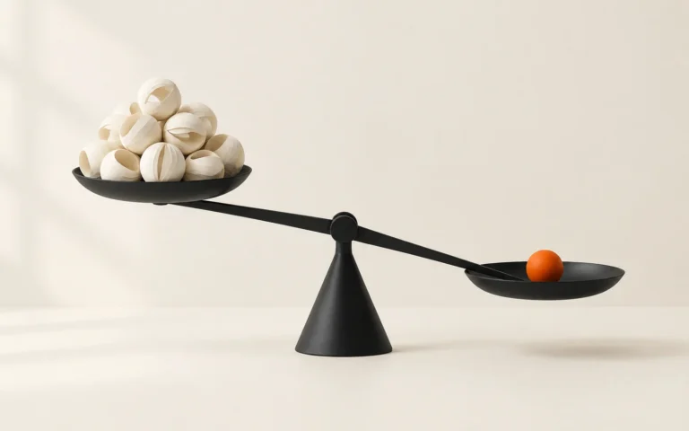 A balance scale where one small orange ball outweighs a heap of pale spheres