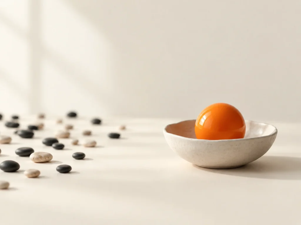 An orange ball resting in a cream bowl, with scattered dark and pale pebbles left outside it