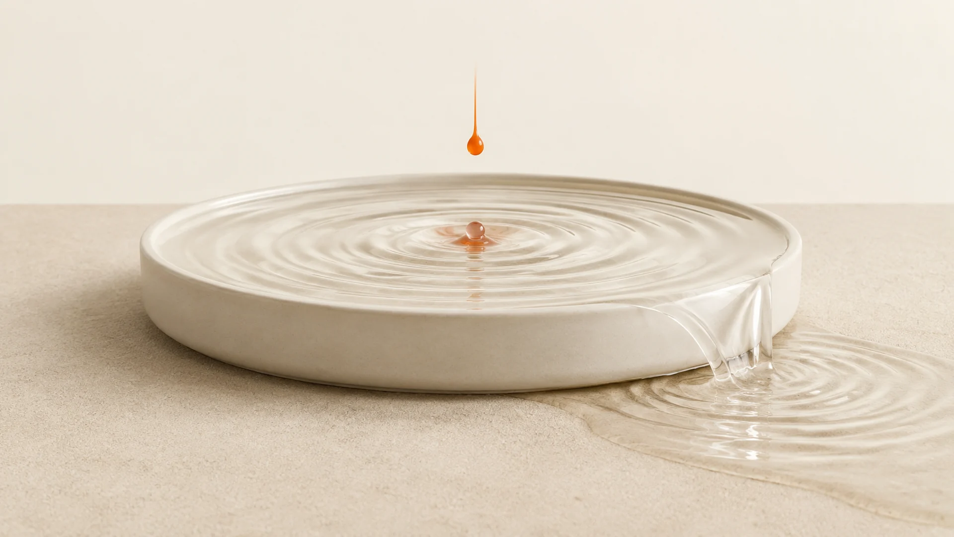 An orange drop falling into a shallow cream dish of water that spills over its edge