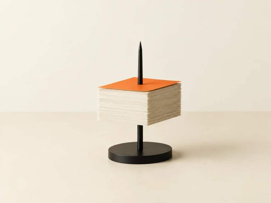 A stack of paper slips on a black spike, the top slip orange