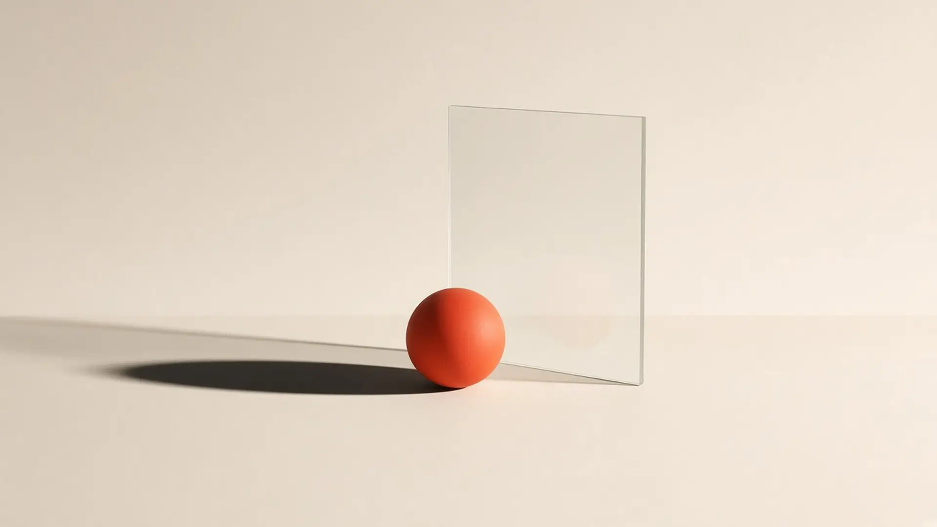 Orange ball resting against a clear glass pane, casting a long shadow on a pale surface.