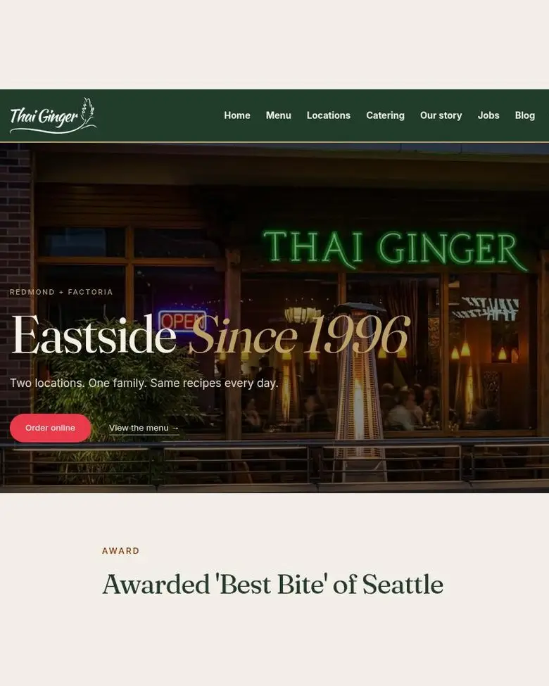 Thai Ginger homepage after the redesign